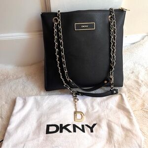 DKNY Black Shoulder Saffiano Leather Bag with Gold Tone Chain Straps